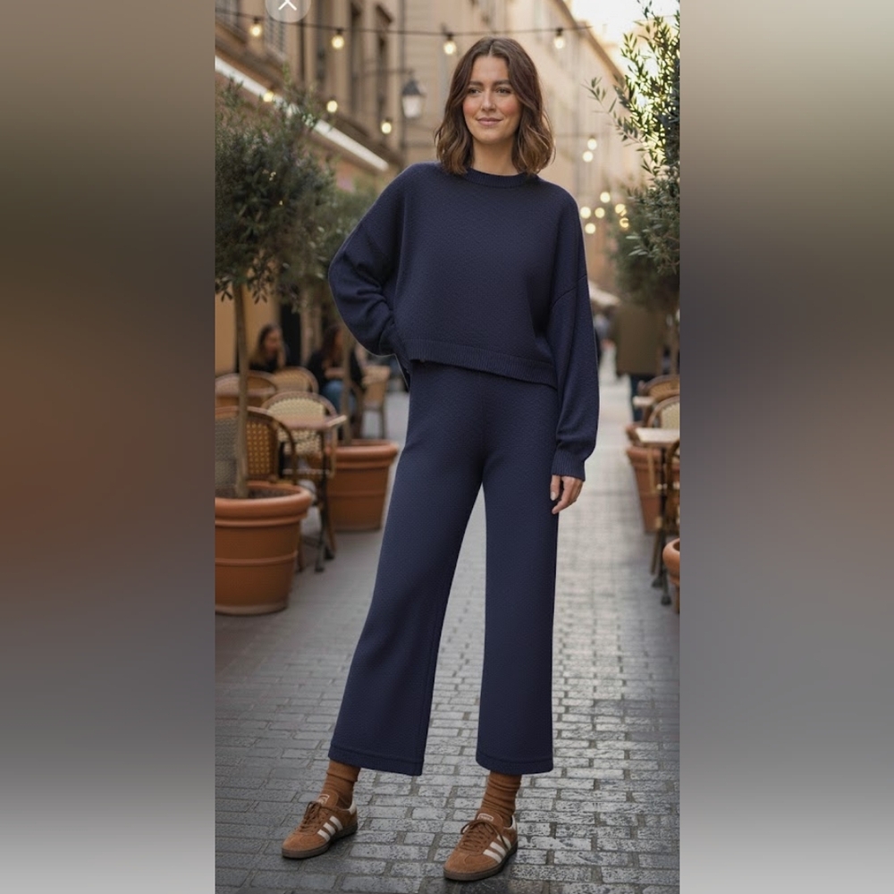 St.John Luxury Wool Knit Sweater Wide Leg Stretchy Relaxed Comfort Pants*navy XS